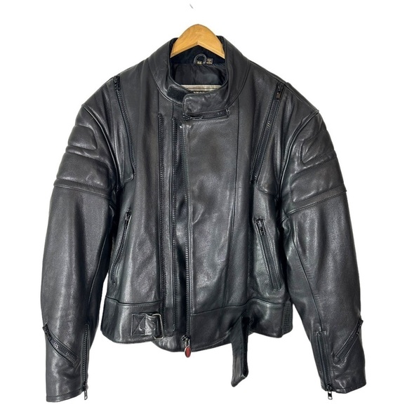 First Gear Motorcycle Black Leather Jacket Size 44 - Picture 12 of 13